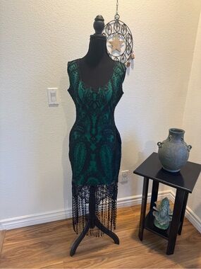 Emerald Green Lace Fringe Midi Dress - Scoop Neck Bodycon